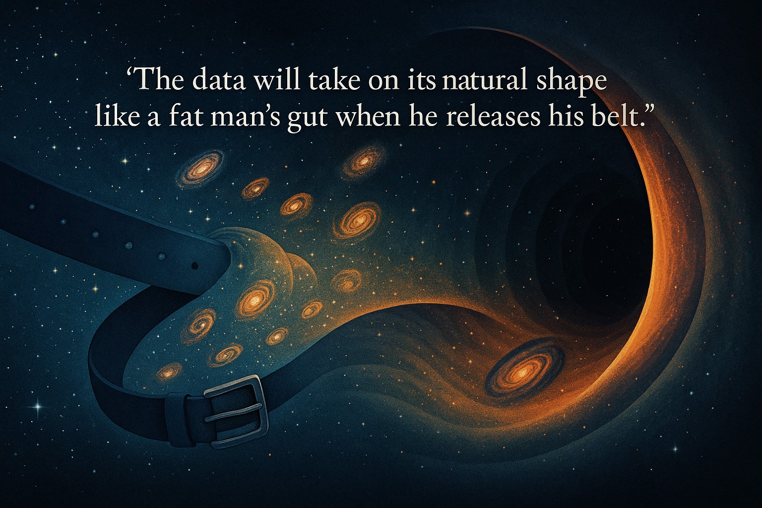 A loosened belt in space, with galaxies spilling out toward a dark, curving horizon, and the words: The data will take on its natural shape like a fat man’s gut when he releases his belt.